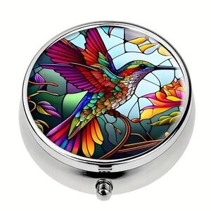 Hummingbird Stained Glass Whimsical Multi-Use Mirrored Pill Box Container
